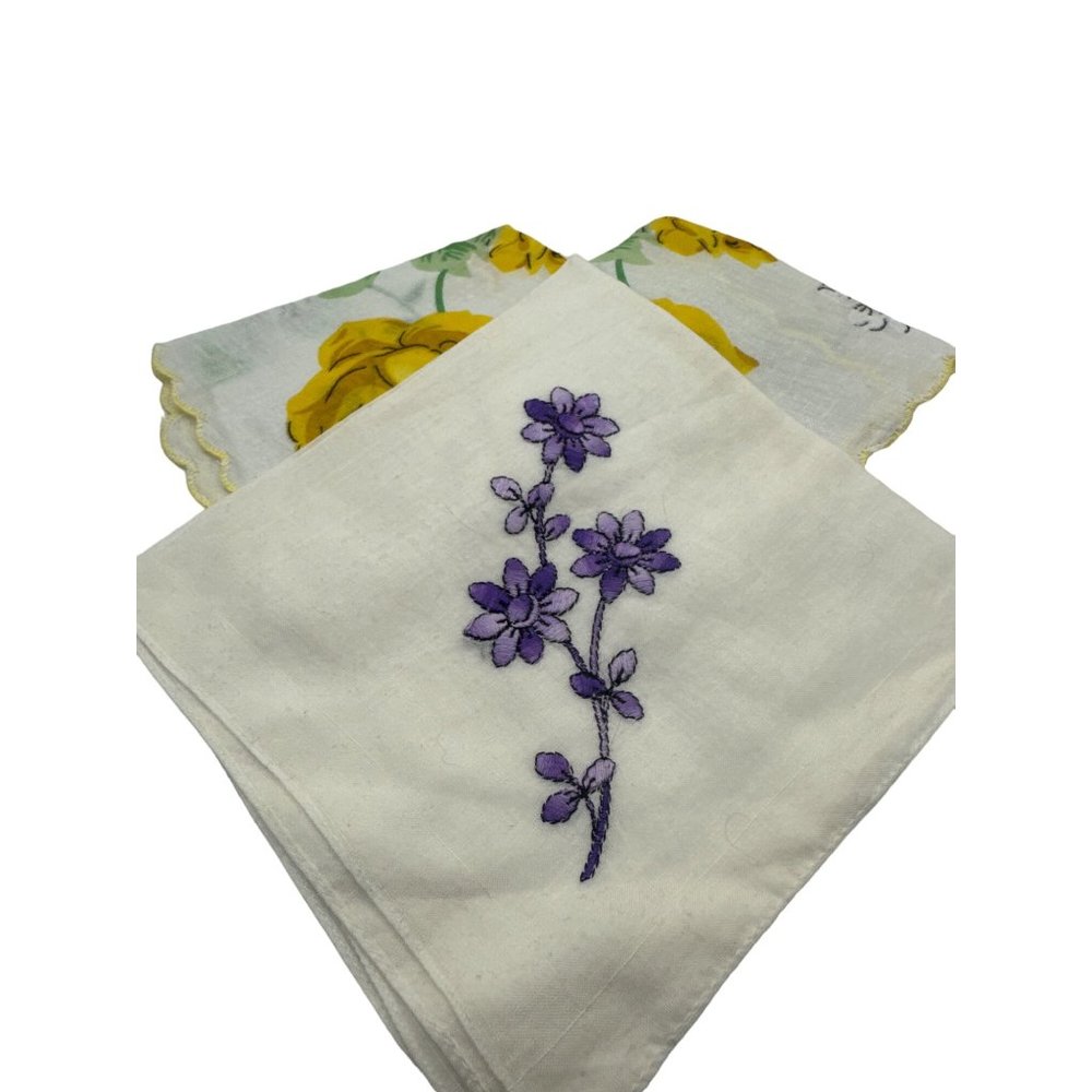 Lot of 3 Vintage Hankies Handkerchiefs Yellow and Purple Floral